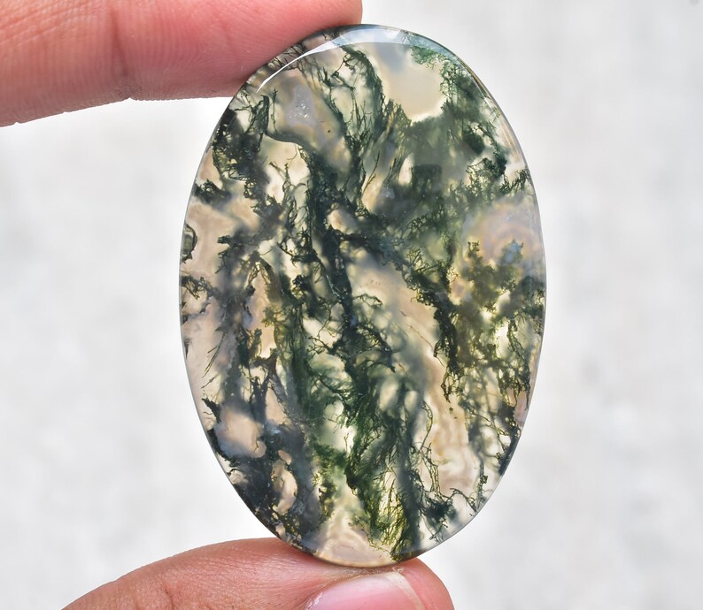 Moss Agate Cabochon / High Quality Green Moss Agate Gemstone / For Jewelry / Oval Shape / 98.10 Ct. / 54x36x5 mm / Loose Gemstone G-91
