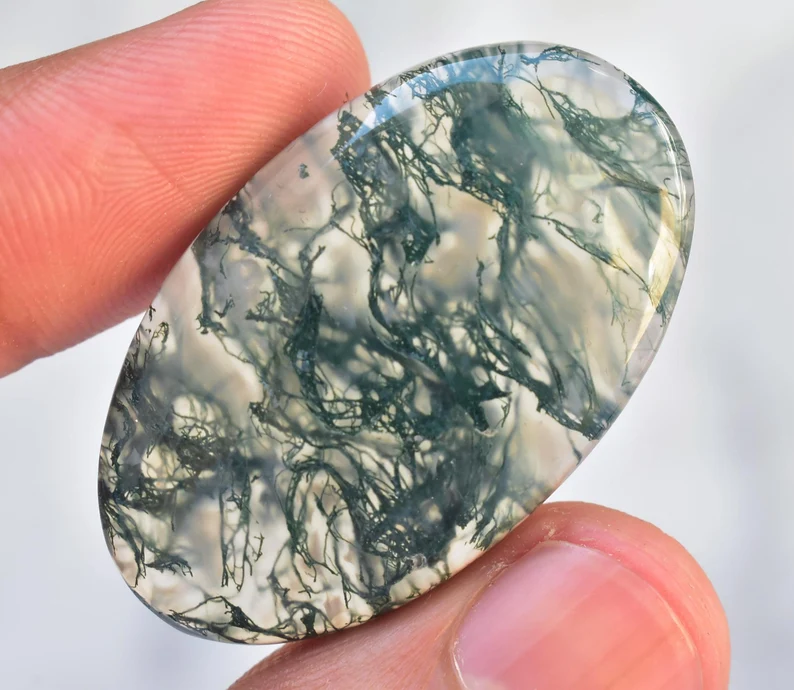 Green Moss Agate Cabochon / High Quality Green Moss Agate Gemstone / Oval Shape / 46.60 Ct. / 39x23x6 mm / Loose Gemstone / J-49