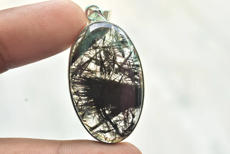 Black Rutile Quartz Cabochon / Stamped 925 Sterling Silver Pendant / For Jewelry / Oval Shape / Loose Gemstone Jewelry O-933