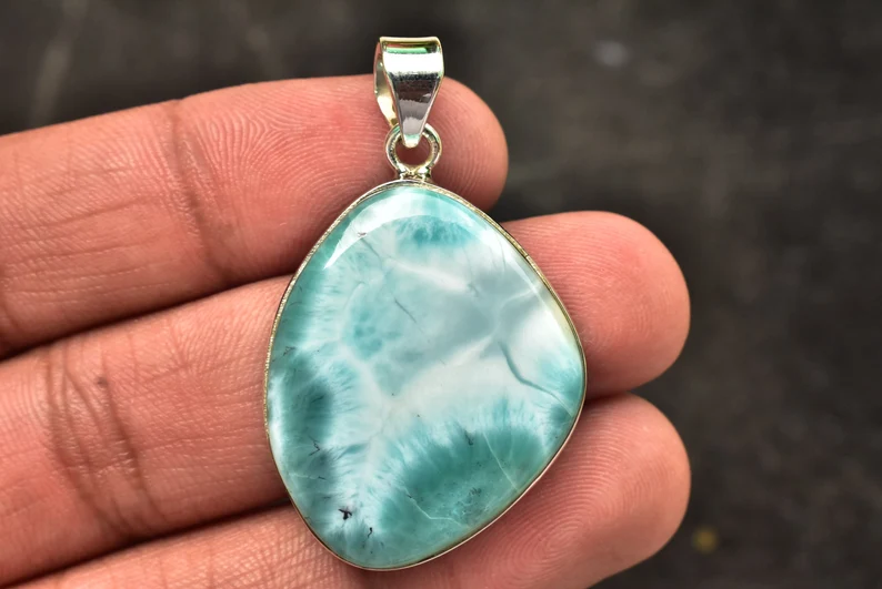 Larimar Cabochon / Stamped 925 Sterling Silver Pendant / For Jewelry / Freeform Shape / Loose Gemstone Jewelry P-161