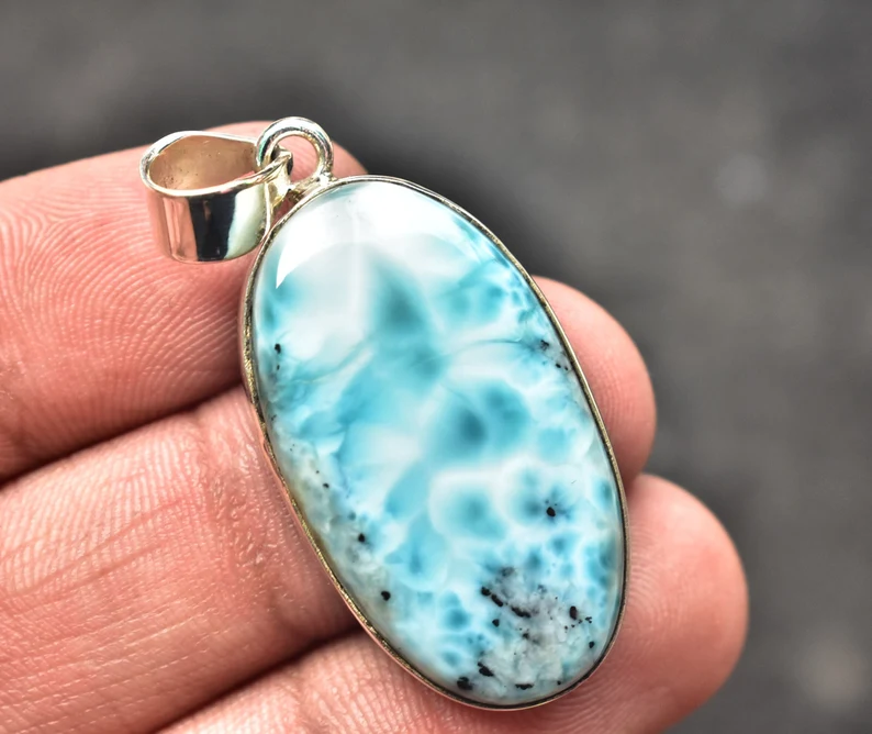 Larimar Cabochon Pendant / Stamped 925 Sterling Silver Pendant / Oval Shape / Loose Gemstone Jewelry P-185