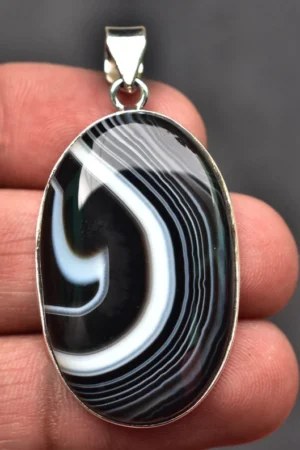 Black Banded Agate Cabochon Pendant / Stamped 925 Sterling Silver Pendant / Black Lace Jewelry / Oval Shape / Loose Gemstone Jewelry P-178