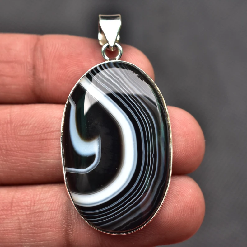 Black Banded Agate Cabochon Pendant / Stamped 925 Sterling Silver Pendant / Black Lace Jewelry / Oval Shape / Loose Gemstone Jewelry P-178