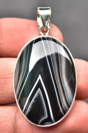 Black Banded Agate Cabochon Pendant / Stamped 925 Sterling Silver Pendant / Black Lace Jewelry / Pear Shape / Loose Gemstone Jewelry P-177