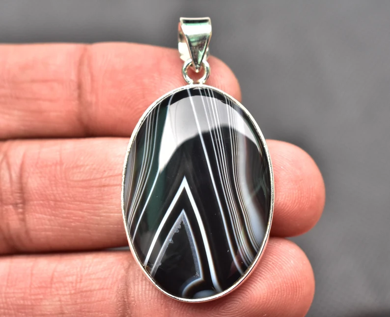 Black Banded Agate Cabochon Pendant / Stamped 925 Sterling Silver Pendant / Black Lace Jewelry / Pear Shape / Loose Gemstone Jewelry P-177