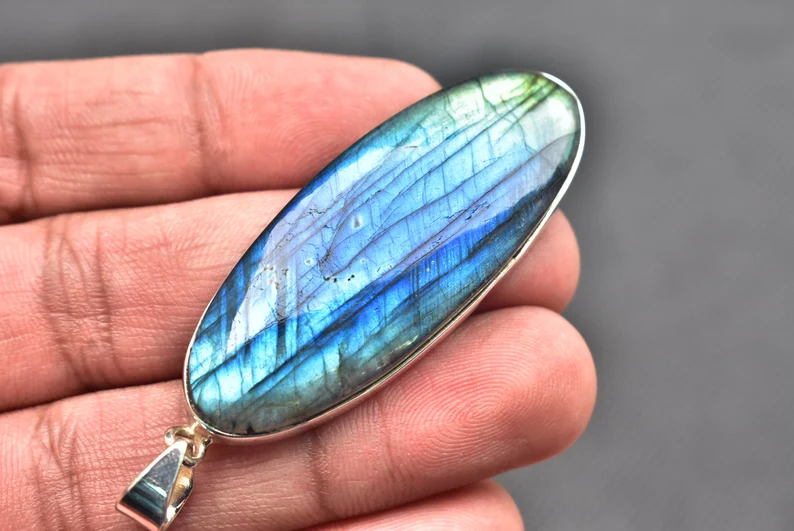 Blue Labradorite Cabochon Pendant / Stamped 925 Sterling Silver Pendant / Blue Fire Jewelry / Oval Shape / Loose Gemstone Jewelry P-171