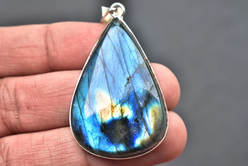 Blue Labradorite Cabochon Pendant / Stamped 925 Sterling Silver Pendant / Blue Fire Jewelry / Pear Shape / Loose Gemstone Jewelry P-184