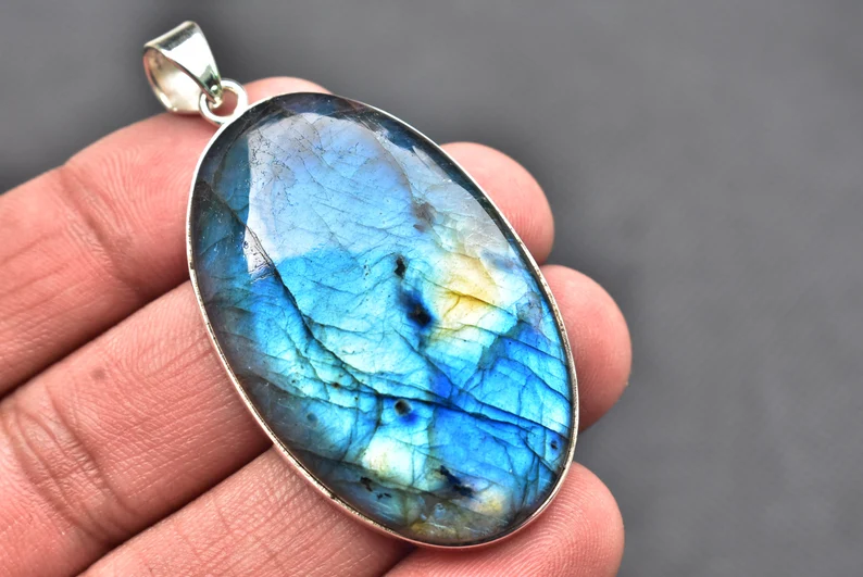 Blue Labradorite Cabochon Pendant / Stamped 925 Sterling Silver Pendant / Blue Fire Jewelry / Pear Shape / Loose Gemstone Jewelry P-183