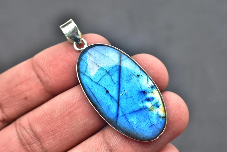 Blue Labradorite Cabochon Pendant / Stamped 925 Sterling Silver Pendant / Blue Fire Jewelry / Pear Shape / Loose Gemstone Jewelry P-172