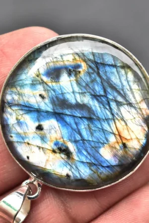 Title: Blue Labradorite Cabochon Pendant / Stamped 925 Sterling Silver Pendant / Blue Fire Jewelry / Round Shape / Loose Gemstone Jewelry P‑186