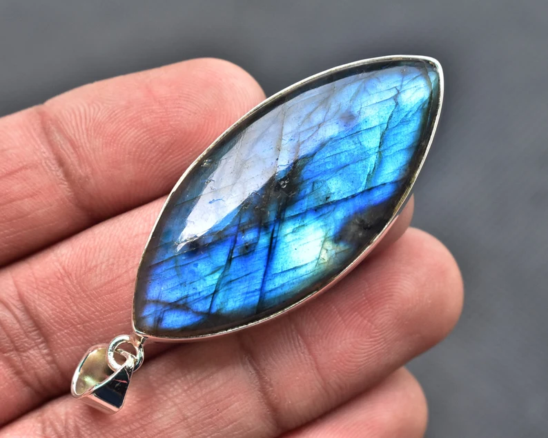 Blue Labradorite Cabochon Pendant / Stamped 925 Sterling Silver Pendant / Blue Fire Jewelry / Pear Shape / Loose Gemstone Jewelry P-202