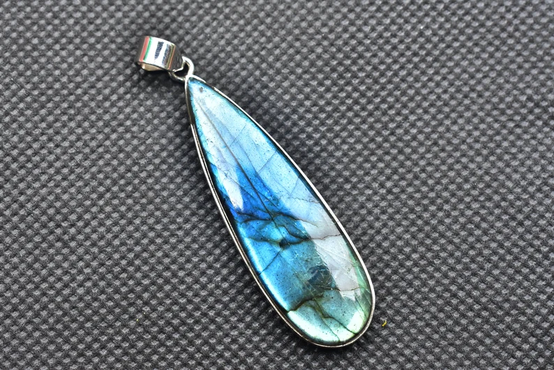 Blue Labradorite Cabochon Pendant / Stamped 925 Sterling Silver Pendant / Blue Fire Jewelry / Pear Shape / Loose Gemstone Jewelry P-195