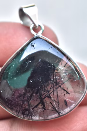 Black Rutile Quartz Cabochon / Stamped 925 Sterling Silver Pendant / For Jewelry / Pear Shape / Loose Gemstone Jewelry P-275