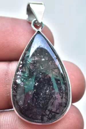 Black Rutile Quartz Cabochon / Stamped 925 Sterling Silver Pendant / For Jewelry / Pear Shape / Loose Gemstone Jewelry P-276