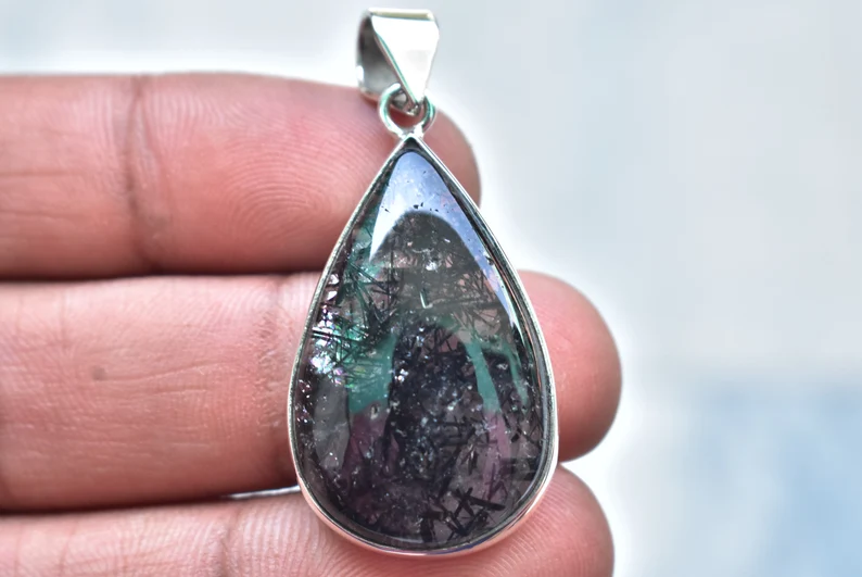 Black Rutile Quartz Cabochon / Stamped 925 Sterling Silver Pendant / For Jewelry / Pear Shape / Loose Gemstone Jewelry P-276