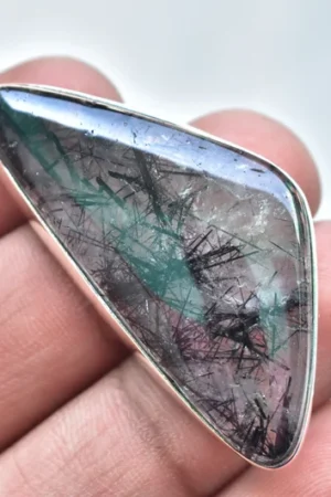 Black Rutile Quartz Cabochon / Stamped 925 Sterling Silver Pendant / For Jewelry / Freeform Shape / Loose Gemstone Jewelry P-274