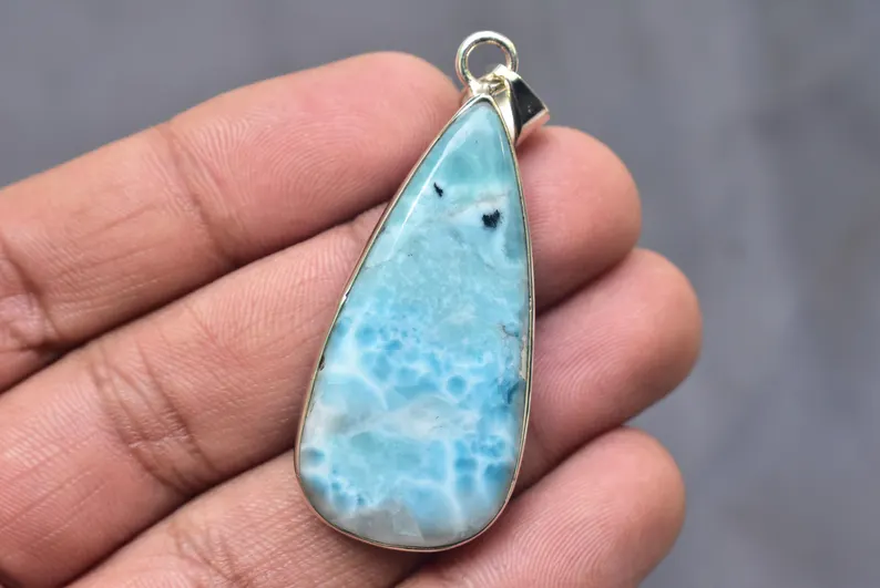 Larimar Cabochon / Stamped 925 Sterling Silver Pendant / For Jewelry / Pear Shape / Loose Gemstone Jewelry P-547