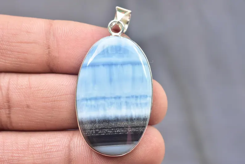 Blue Opal Cabochon / Stamped 925 Sterling Silver Pendant / For Jewelry / Oval Shape / Loose Gemstone Jewelry P-533