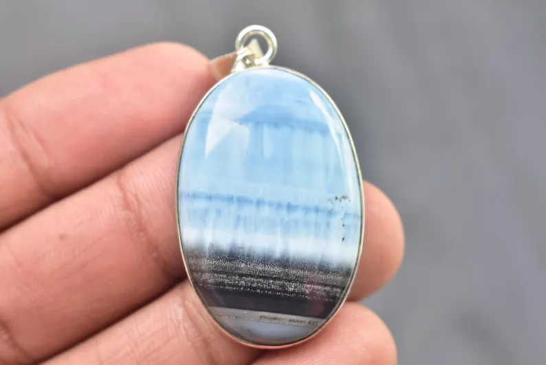 Blue Opal Cabochon / Stamped 925 Sterling Silver Pendant / For Jewelry / Oval Shape / Loose Gemstone Jewelry P-534