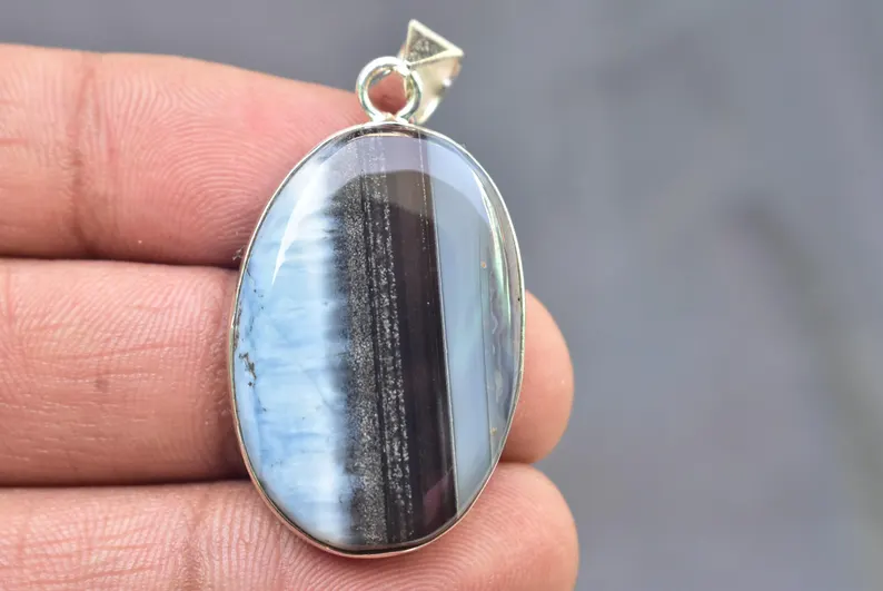 Blue Opal Cabochon / Stamped 925 Sterling Silver Pendant / For Jewelry / Oval Shape / Loose Gemstone Jewelry P-537