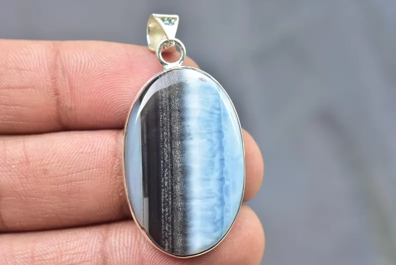 Blue Opal Cabochon / Stamped 925 Sterling Silver Pendant / For Jewelry / Oval Shape / Loose Gemstone Jewelry P-538