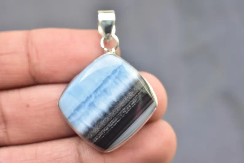 Blue Opal Cabochon / Stamped 925 Sterling Silver Pendant / For Jewelry / Cushion Shape / Loose Gemstone Jewelry P-532