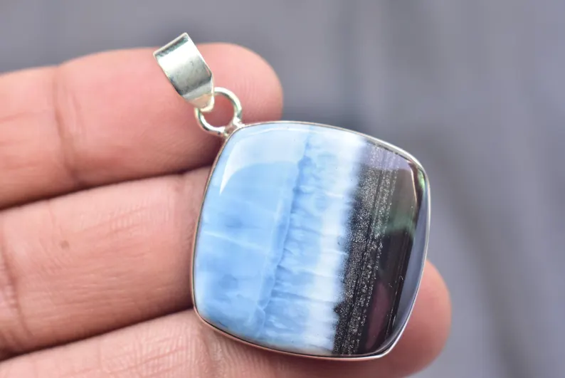 Blue Opal Cabochon / Stamped 925 Sterling Silver Pendant / For Jewelry / Cushion Shape / Loose Gemstone Jewelry P-535