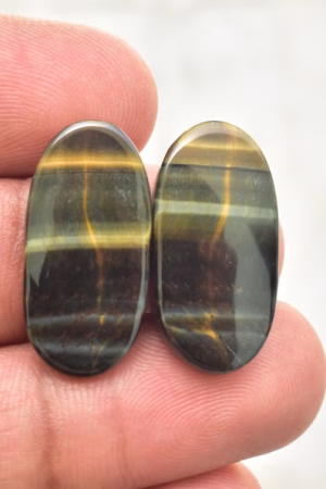 Title: Tiger Eye Pair Cabochon / Tiger Eye Pair Gemstone / Oval Shape / 25.05 Ct. / 25×12×4 mm. / Loose Gemstone / Q‑168