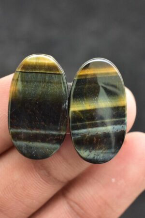 Title: Tiger Eye Pair Cabochon / Tiger Eye Pair Gemstone / Oval Shape / 25.95 Ct. / 25×14×4 mm. / Loose Gemstone / Q‑185