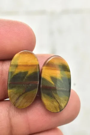 Title: Tiger Eye Pair Cabochon / Tiger Eye Pair Gemstone / Oval Shape / 22.90 Ct. / 23×13×4 mm. / Loose Gemstone / Q‑179