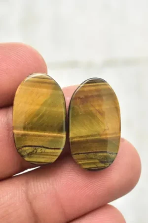 Title: Tiger Eye Pair Cabochon / Tiger Eye Pair Gemstone / Oval Shape / 27.45 Ct. / 27×13×4 mm. / Loose Gemstone / Q‑176