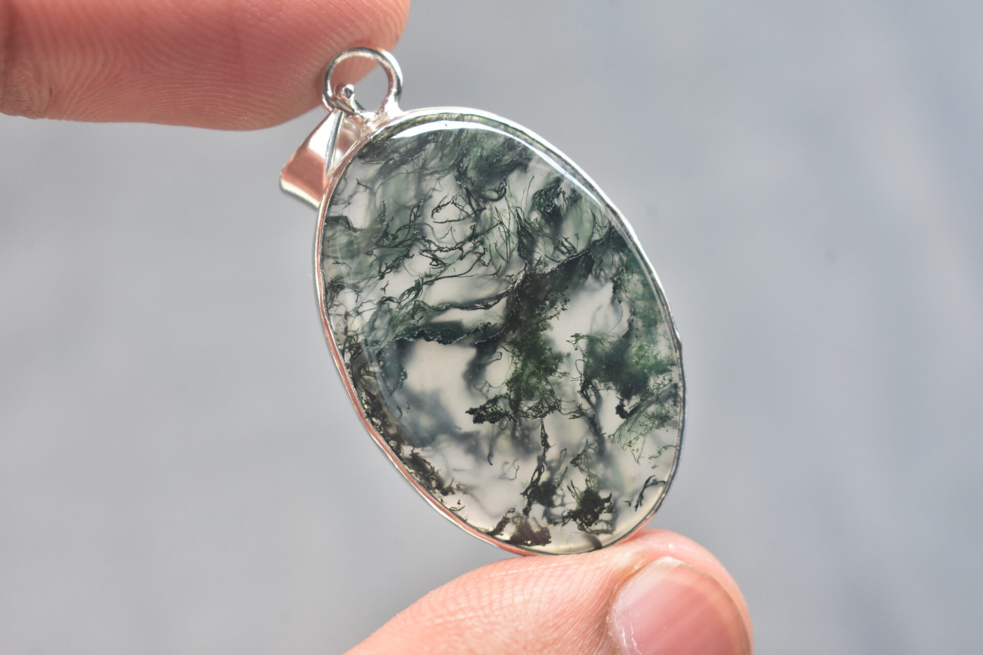Moss Agate Cabochon / Stamped 925 Plated Silver Pendant / For Jewelry / Oval Shape / Loose Gemstone Jewelrys A-264