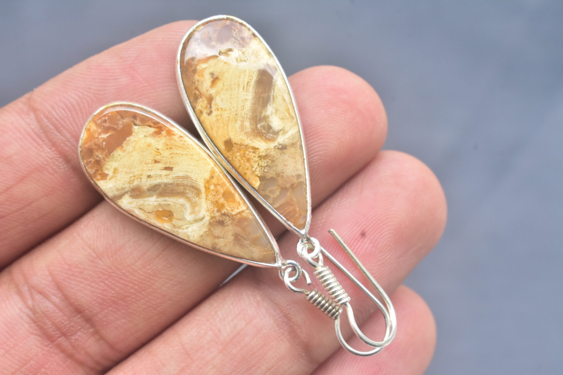 Patrified Fossil Cabochon / Plated Silver Earring / For Jewelry / Pear Shape / Loose Gemstone Jewelrys A-231 - Image 4