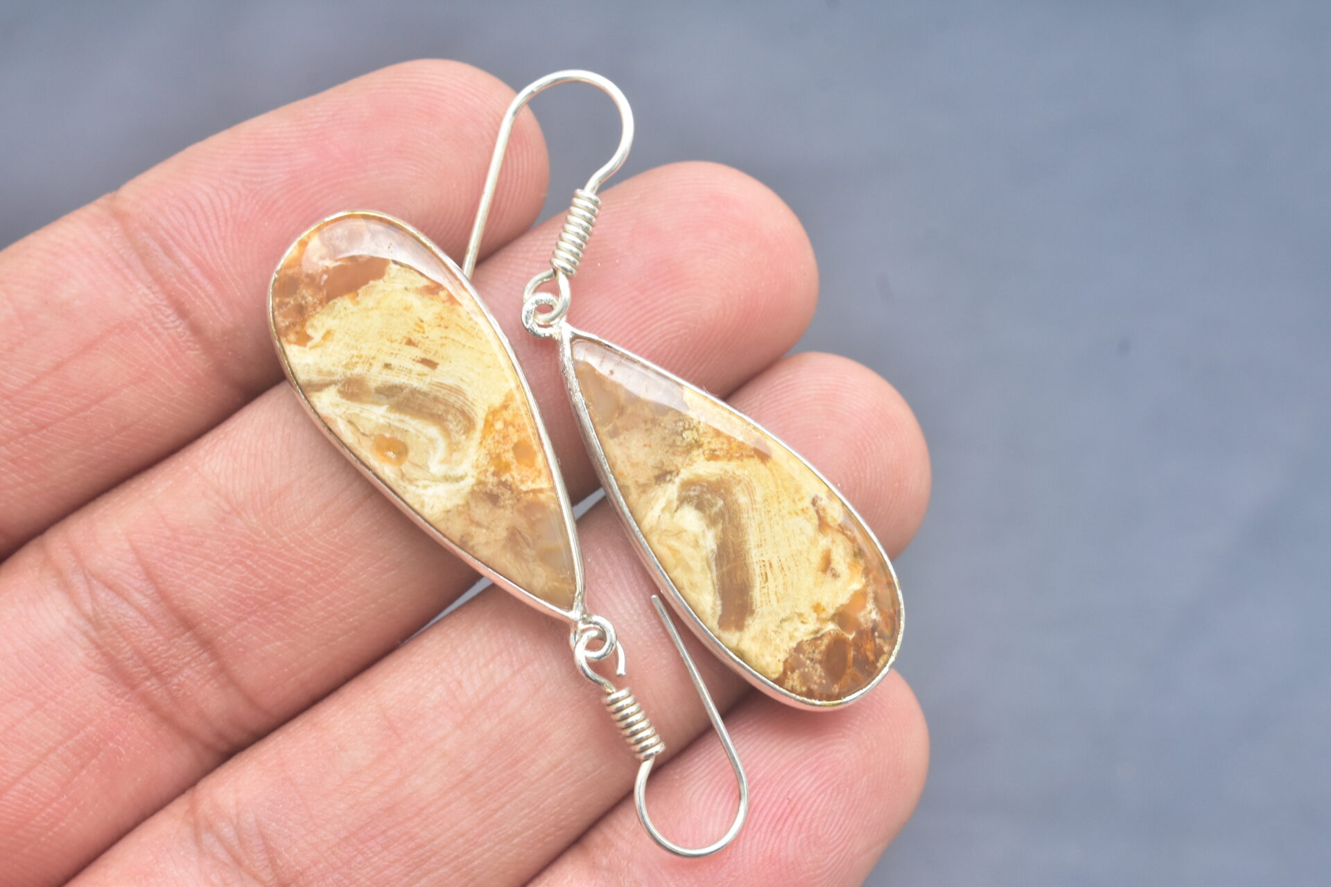 Patrified Fossil Cabochon / Plated Silver Earring / For Jewelry / Pear Shape / Loose Gemstone Jewelrys A-231 - Image 5