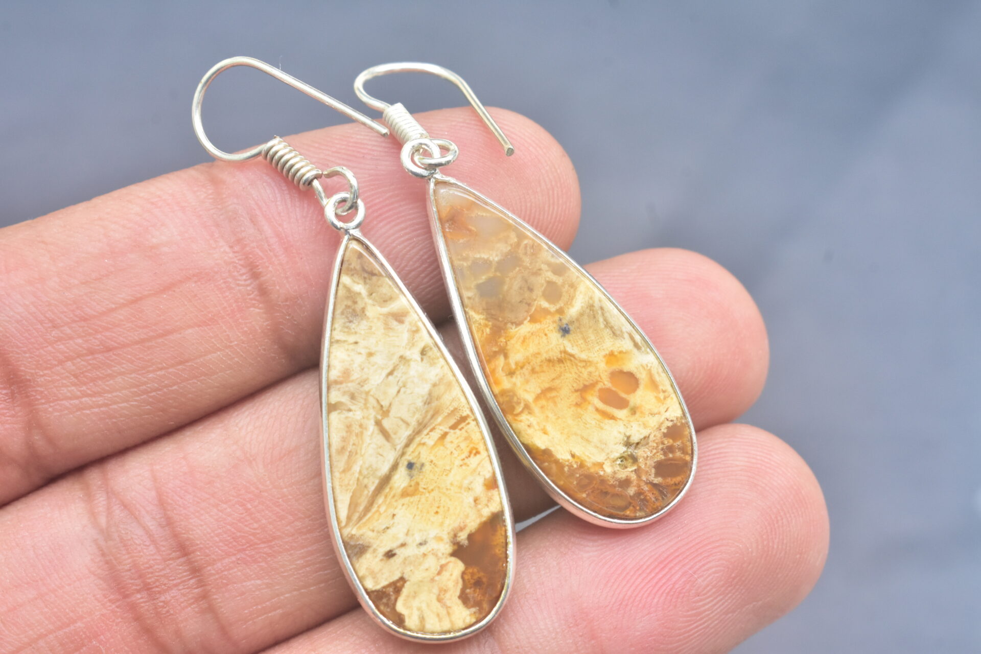 Patrified Fossil Cabochon / Plated Silver Earring / For Jewelry / Pear Shape / Loose Gemstone Jewelrys A-231 - Image 6