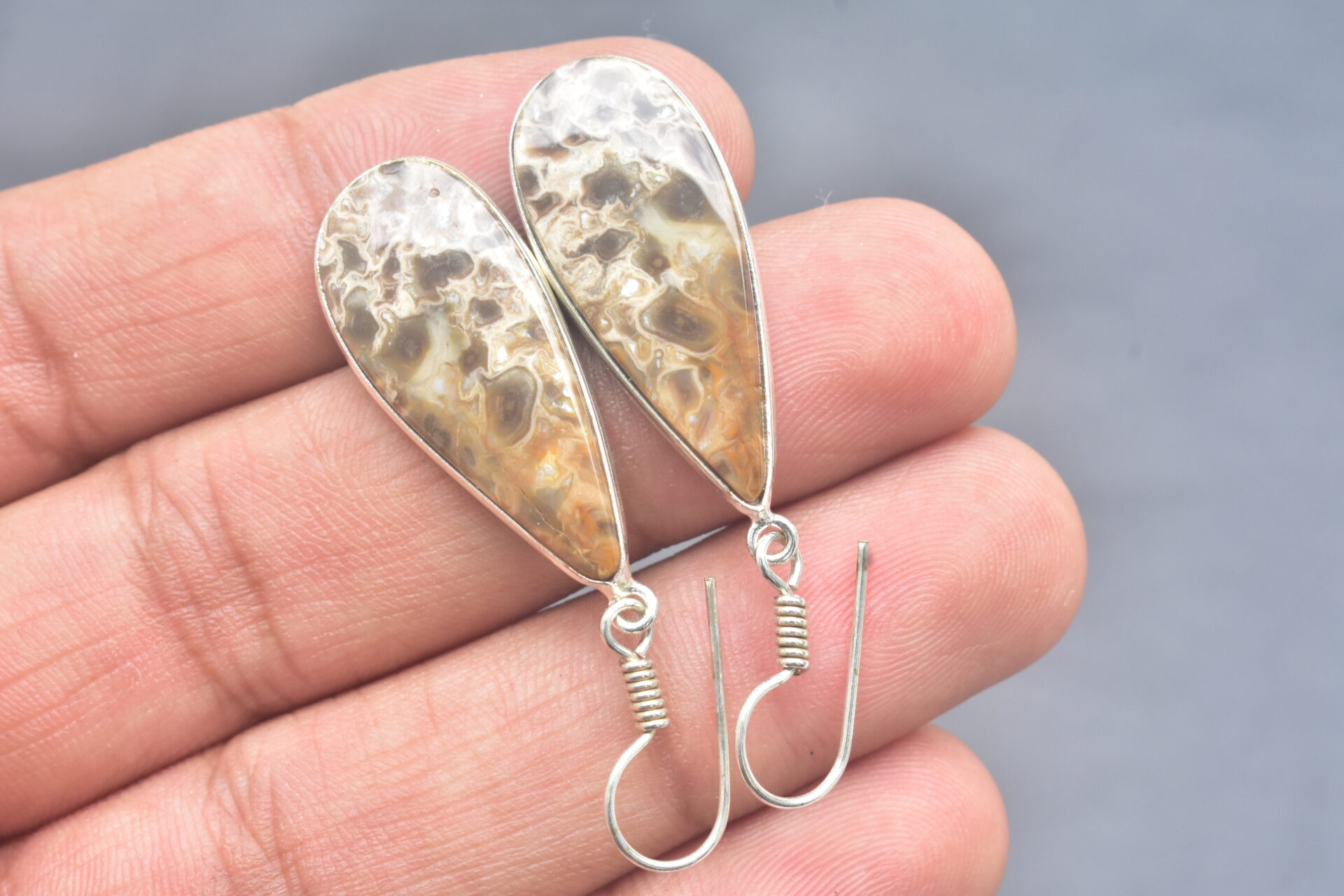 Patrified Fossil Cabochon / Plated Silver Earring / For Jewelry / Pear Shape / Loose Gemstone Jewelrys A-230 - Image 4