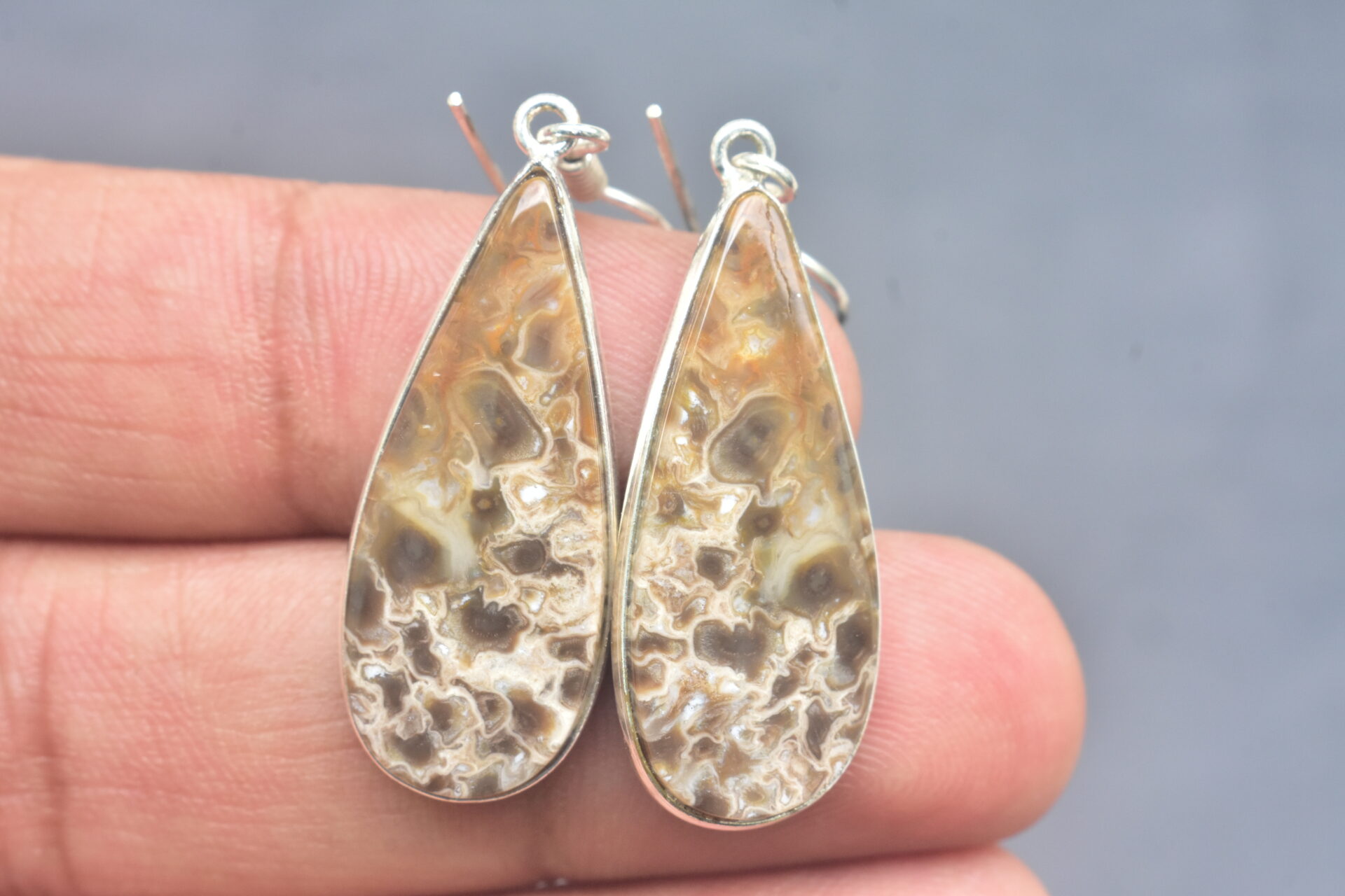 Patrified Fossil Cabochon / Plated Silver Earring / For Jewelry / Pear Shape / Loose Gemstone Jewelrys A-230 - Image 5