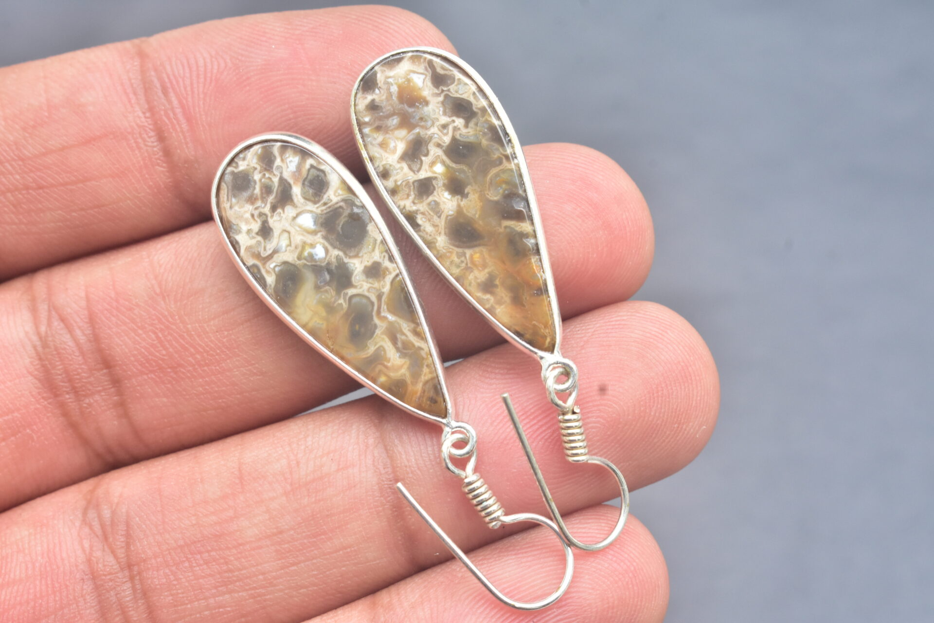 Patrified Fossil Cabochon / Plated Silver Earring / For Jewelry / Pear Shape / Loose Gemstone Jewelrys A-230 - Image 6